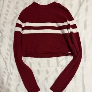 Hollister Burgundy and White Striped Cropped Crew Sweater